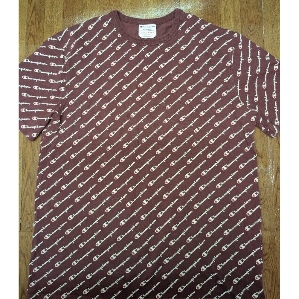 Champion Heritage Mens Size Large Logo Signature All Over Short Sleeves Maroon